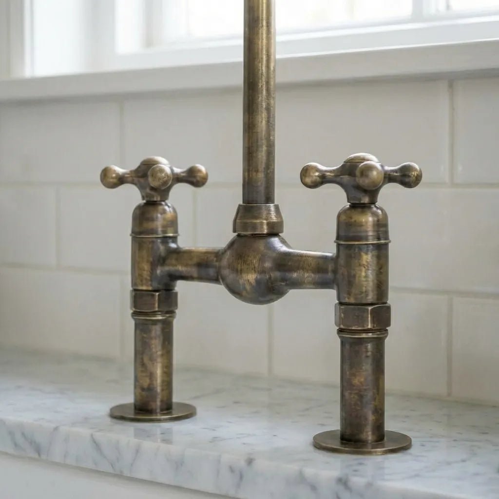 Handmade Antique Brass Gooseneck Bridge Kitchen Faucet