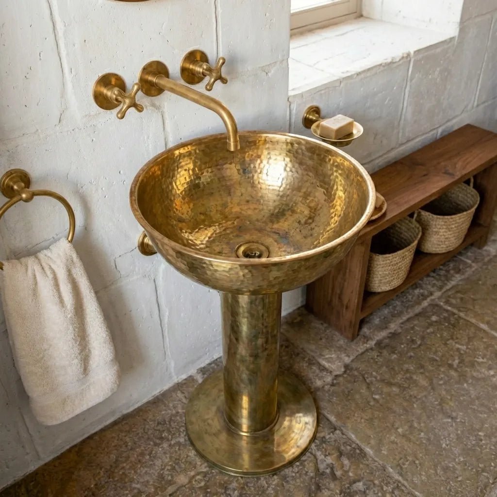 Handmade Hammered Unlacquered Brass Round Pedestal Sink - Image 2