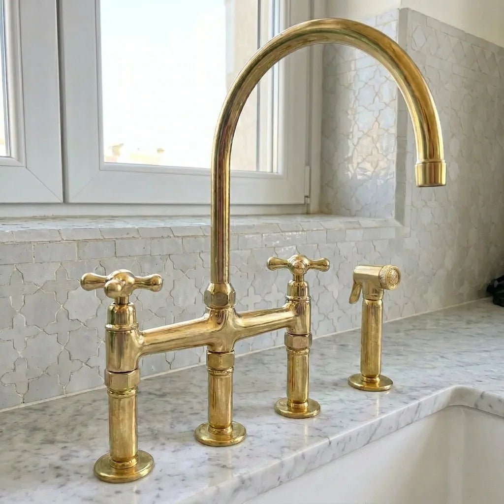 Unlacquered Brass Three-Hole Bridge Kitchen Faucet with Side Sprayer - Image 2