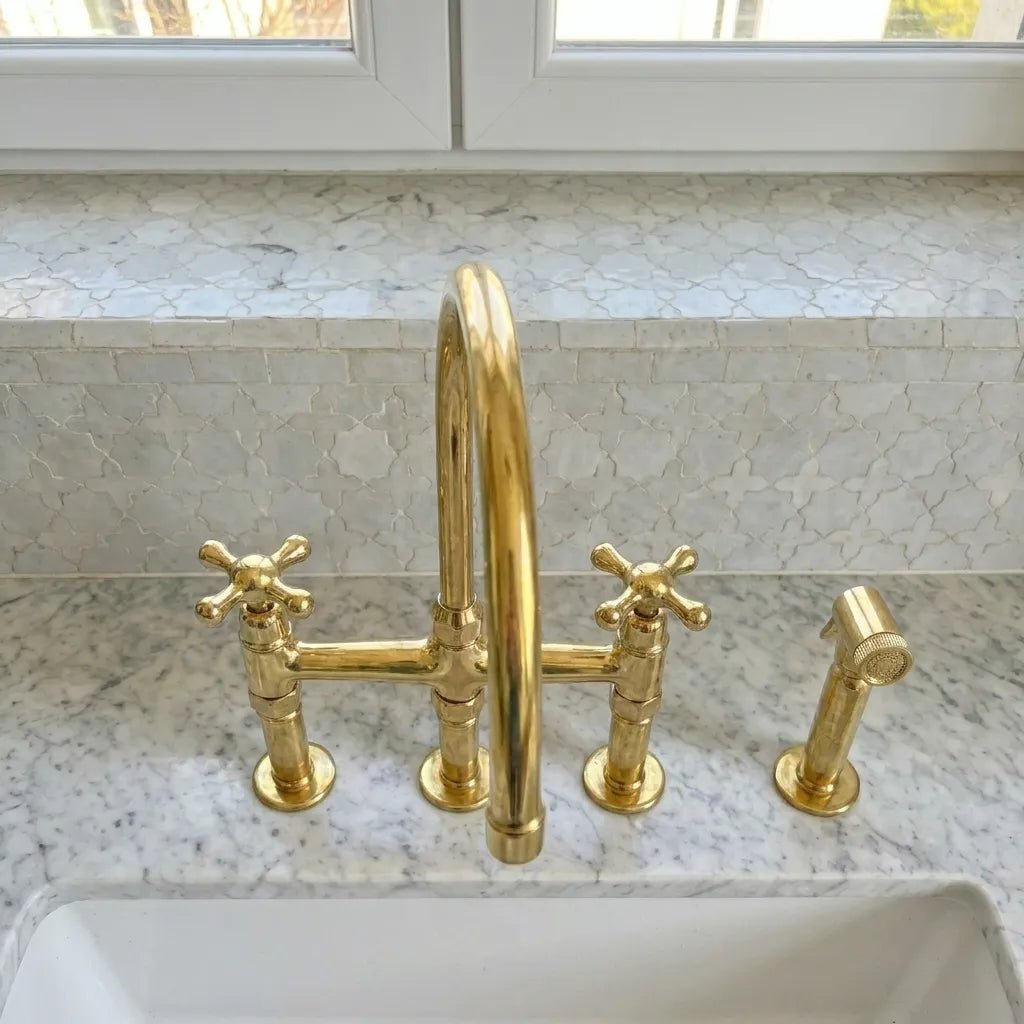 Unlacquered Brass Three-Hole Bridge Kitchen Faucet with Side Sprayer - Image 3