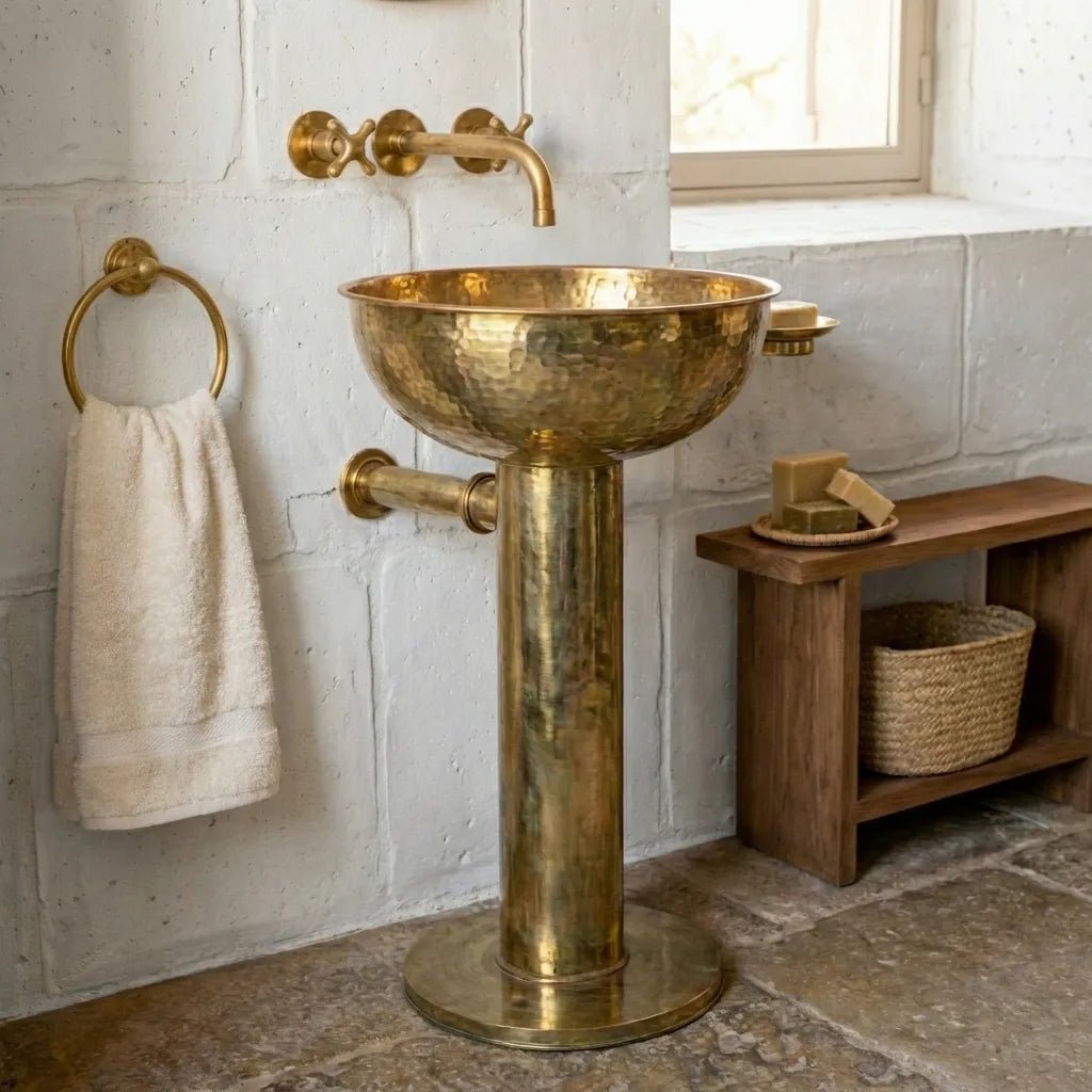 Handmade Hammered Unlacquered Brass Round Pedestal Sink