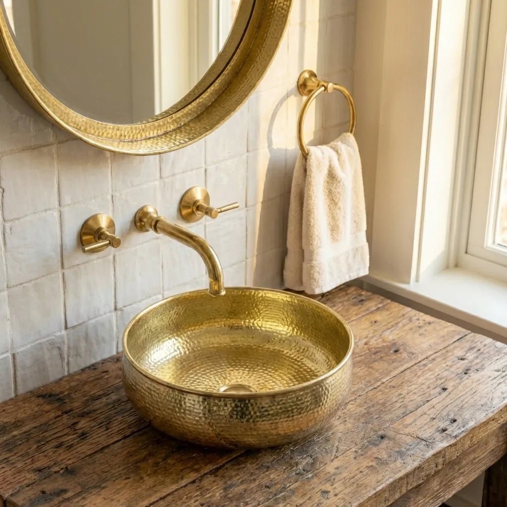 Hand-Hammered Unlacquered Brass Vessel Sink – Round Artisan Bathroom Basin - Image 3