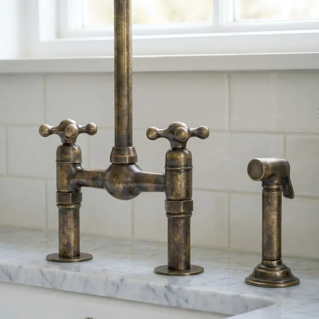 Handmade Antique Brass Gooseneck Bridge Kitchen Faucet - Image 2