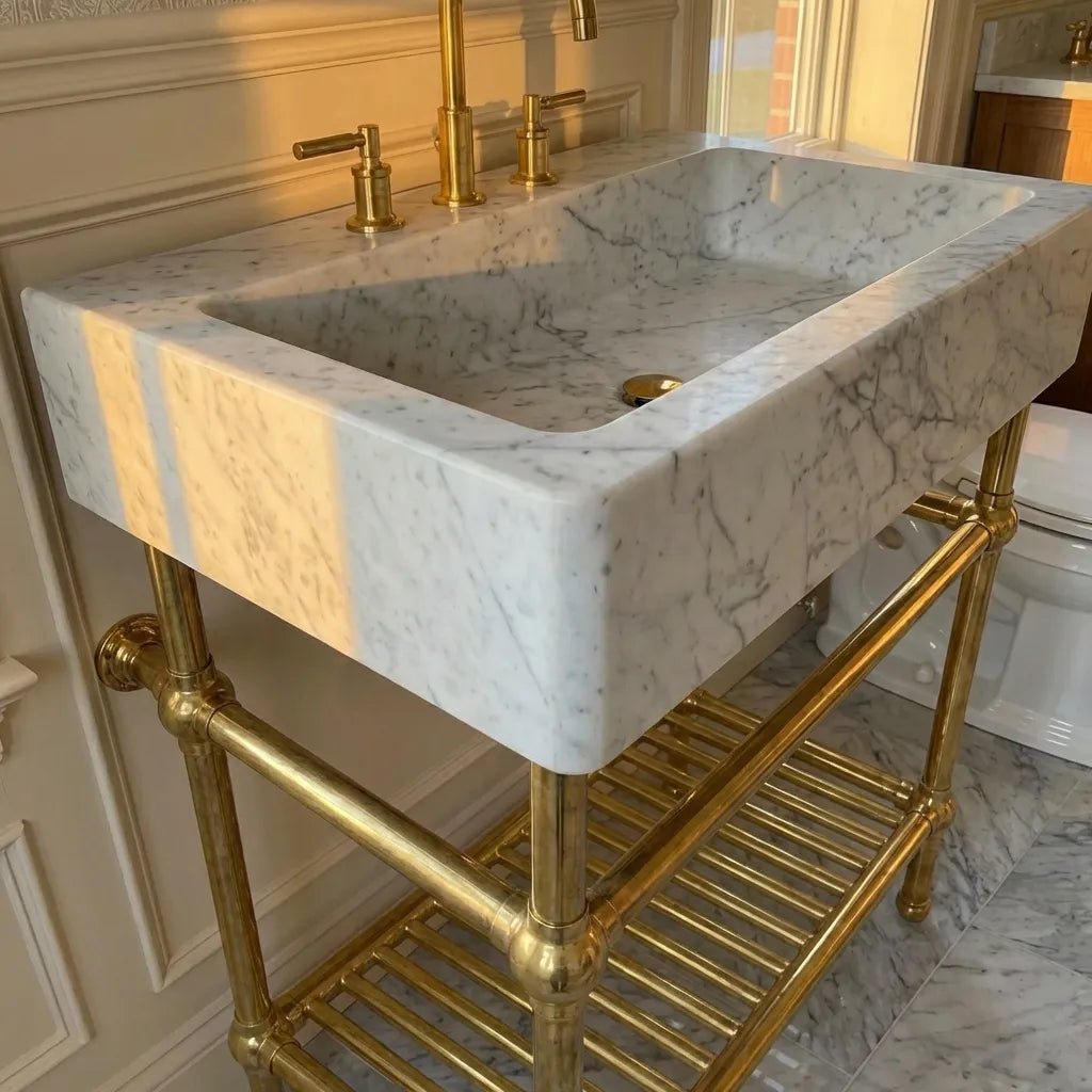 Solid Brass Console Sink Legs with Shelf – Vintage Bathroom Stand for Marble & Stone Sinks