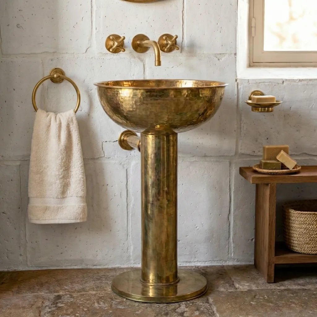 Handmade Hammered Unlacquered Brass Round Pedestal Sink - Image 3