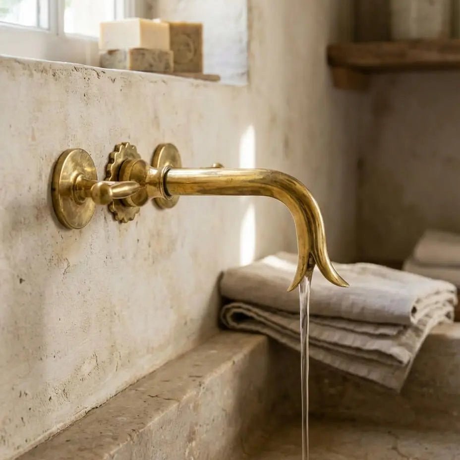 Handmade Unlacquered Brass Wall Basin Faucet – Vintage 3-Hole Design - Image 2