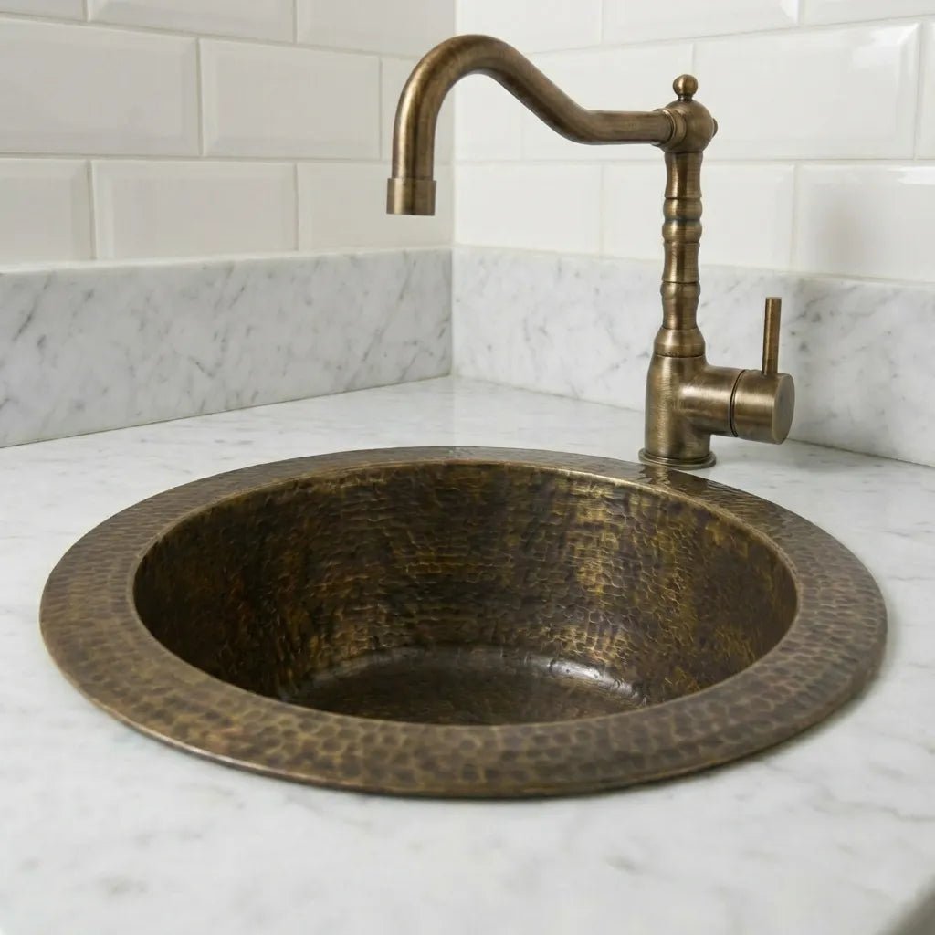 Hammered Antique Brass Bar Sink – Solid Round Drop-In Prep Sink with Aged Patina Finish - Image 2