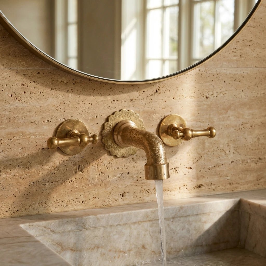 Engraved Brass Wall Faucet Vanity with Lever Handles - Sink Tap - Image 4
