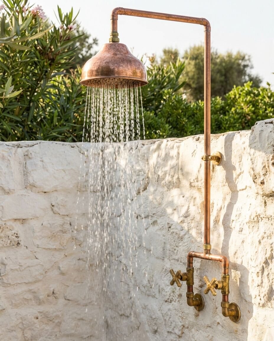 Handcrafted Outdoor Copper Rain Shower – Wall-Mounted Rustic Shower with Cross Handles - Image 6
