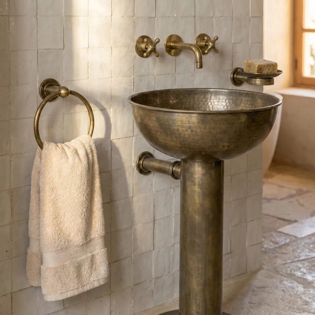 Vintage Hammered Patina Brass Pedestal Sink - Image 5