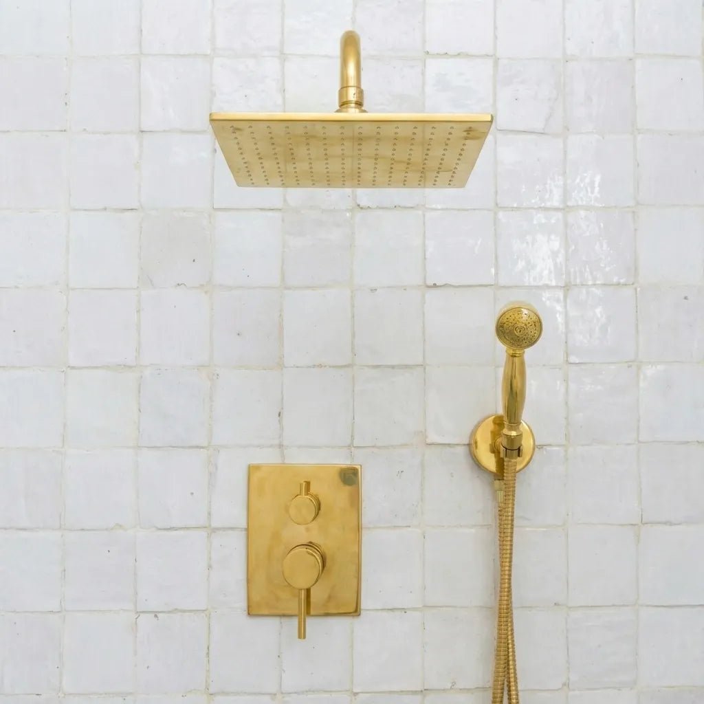 Luxury Unlacquered Brass Rain Shower System – Wall Mounted with Handheld Sprayer - Image 4