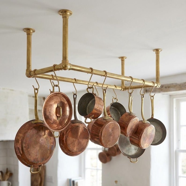 Solid Brass Ceiling Pot Rack – Handmade Hanging Kitchen Rail with Hooks - Image 4