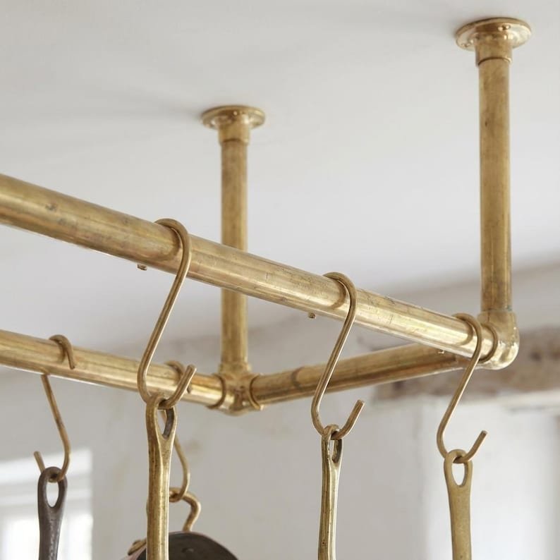 Solid Brass Ceiling Pot Rack – Handmade Hanging Kitchen Rail with Hooks - Image 2