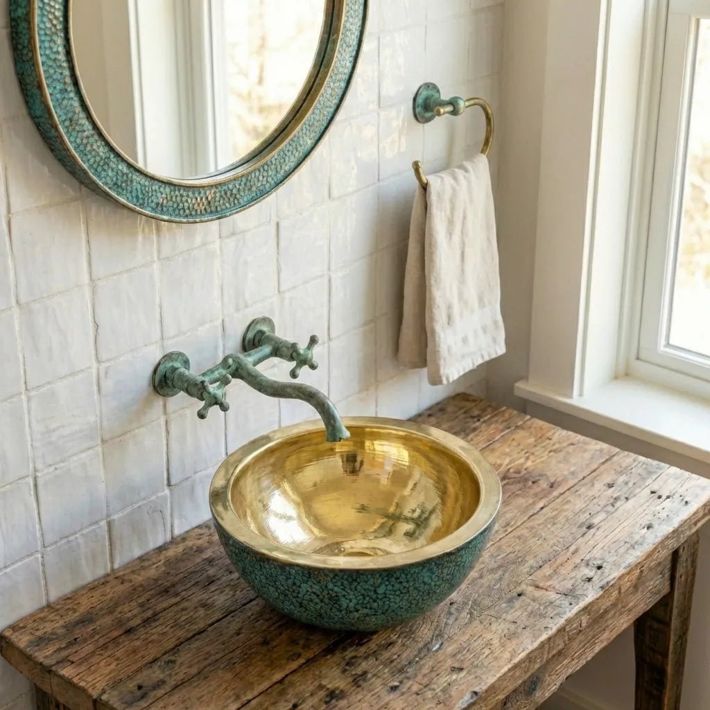 Round Hammered Verdigris Brass Washbasin with Wall-Mount Faucet - Image 3