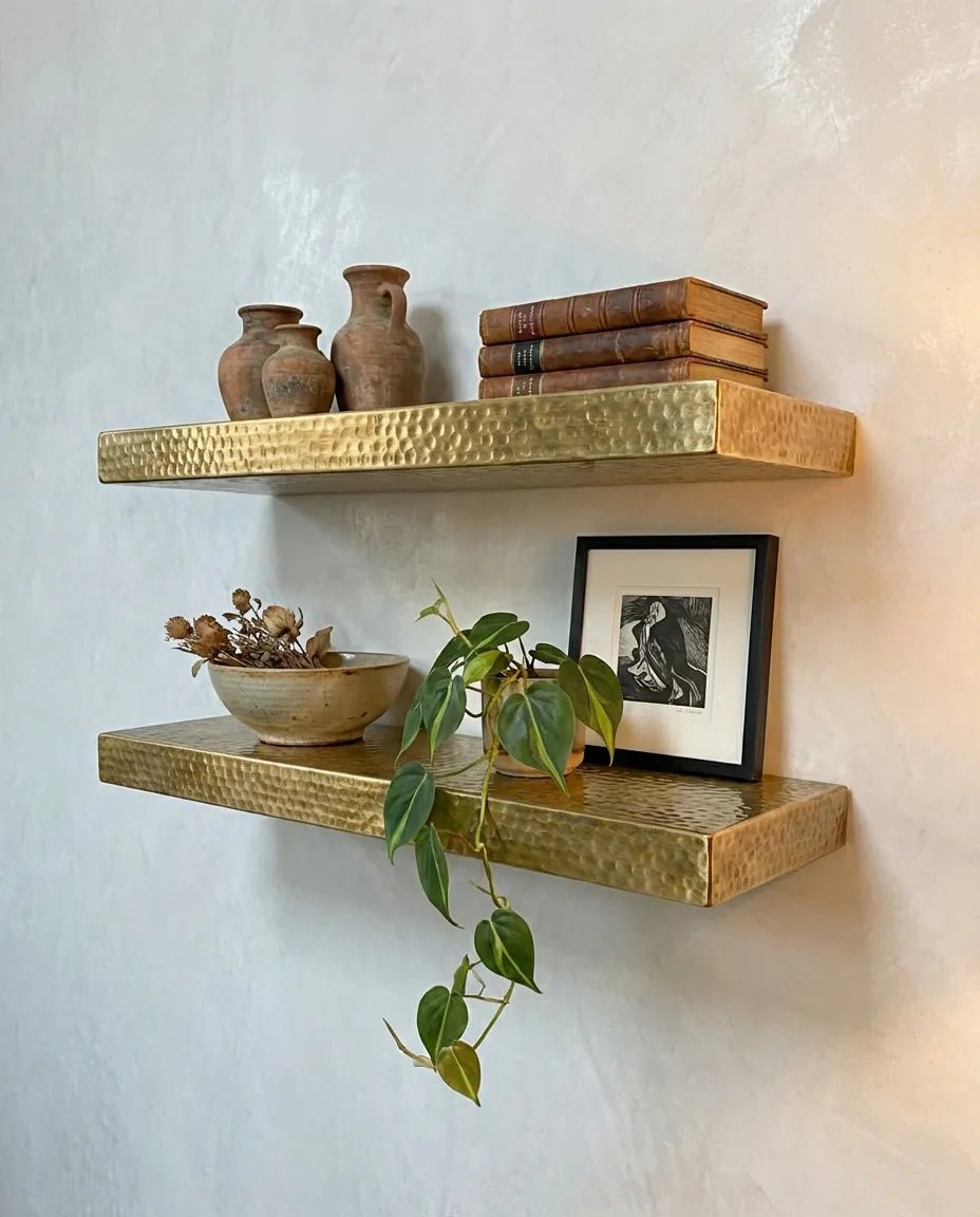 Hammered Solid Brass Floating Wall Shelf – Unlacquered Solid Brass Wall Mounted Shelf