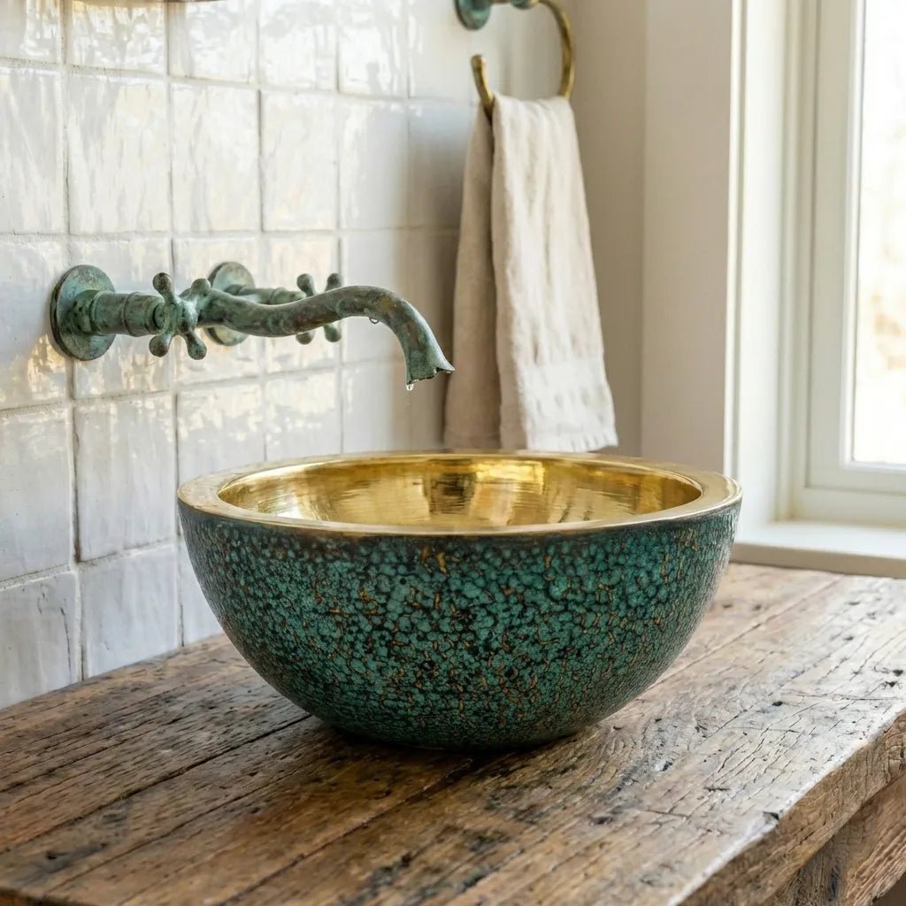 Round Hammered Verdigris Brass Washbasin with Wall-Mount Faucet - Image 5