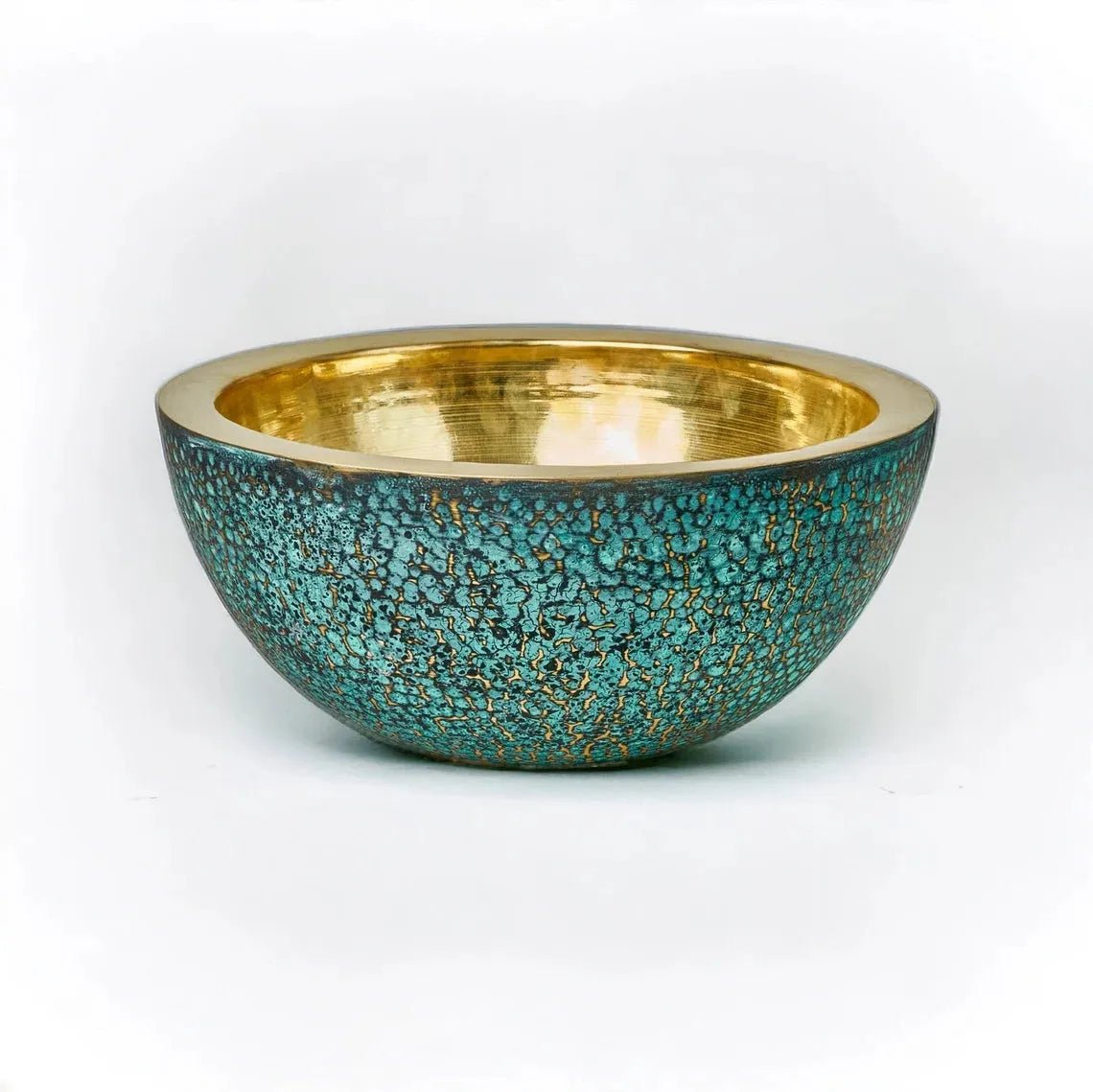 Round Hammered Verdigris Brass Washbasin with Wall-Mount Faucet