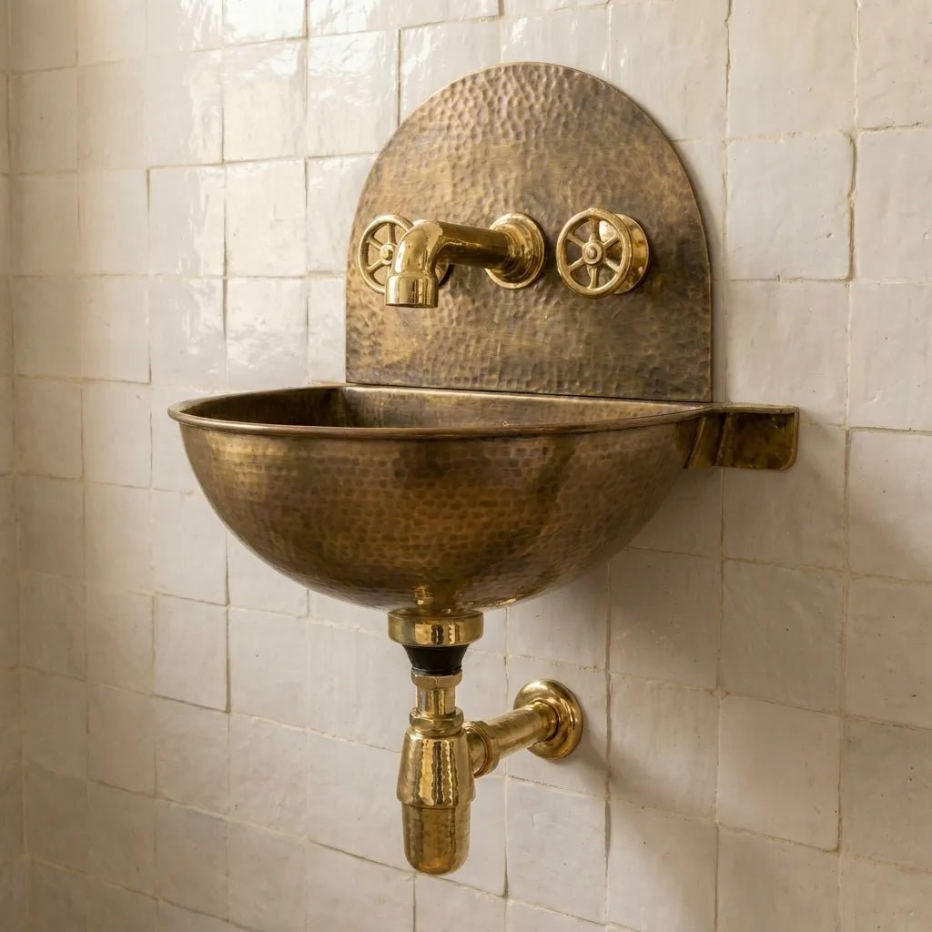Rustic Brass Wall Hung Sink with Traditional Faucet Set - Image 5