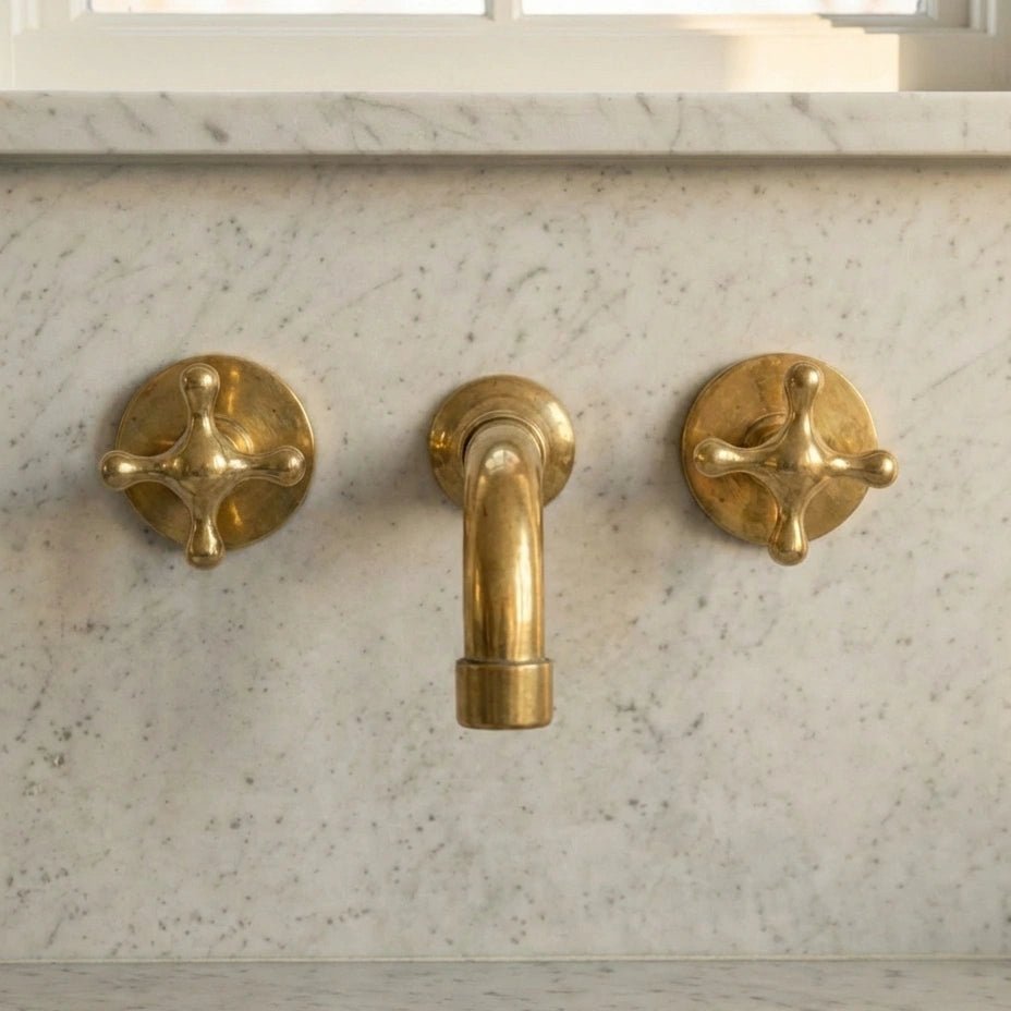 Three Hole Wall Mounted Brass Faucet with Cross Handles - Image 2
