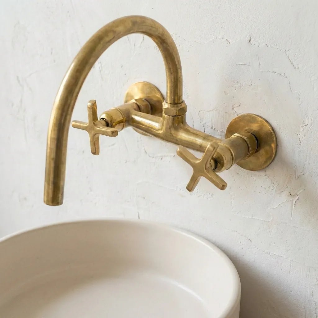 Unlacquered Brass Wall-Mount Bridge Faucet with Cross Handles