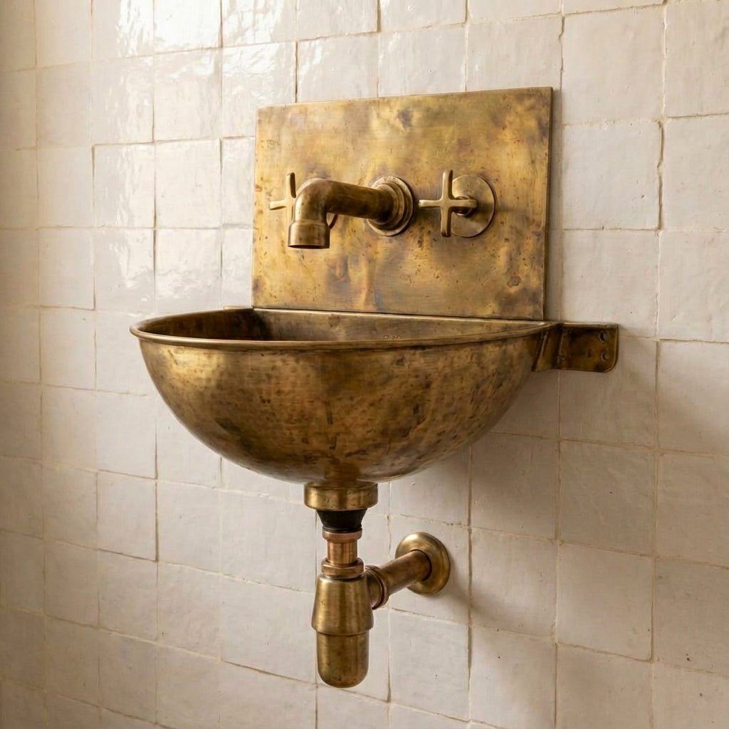 Vintage Brass Wall Mounted Sink with Unlacquered Brass Faucet - Image 6