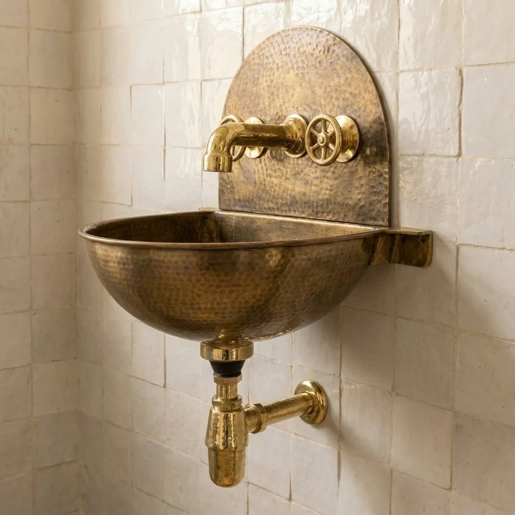 Rustic Brass Wall Hung Sink with Traditional Faucet Set - Image 3