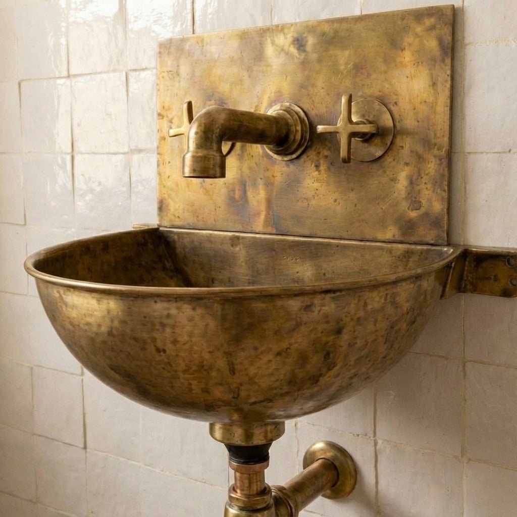 Vintage Brass Wall Mounted Sink with Unlacquered Brass Faucet - Image 5