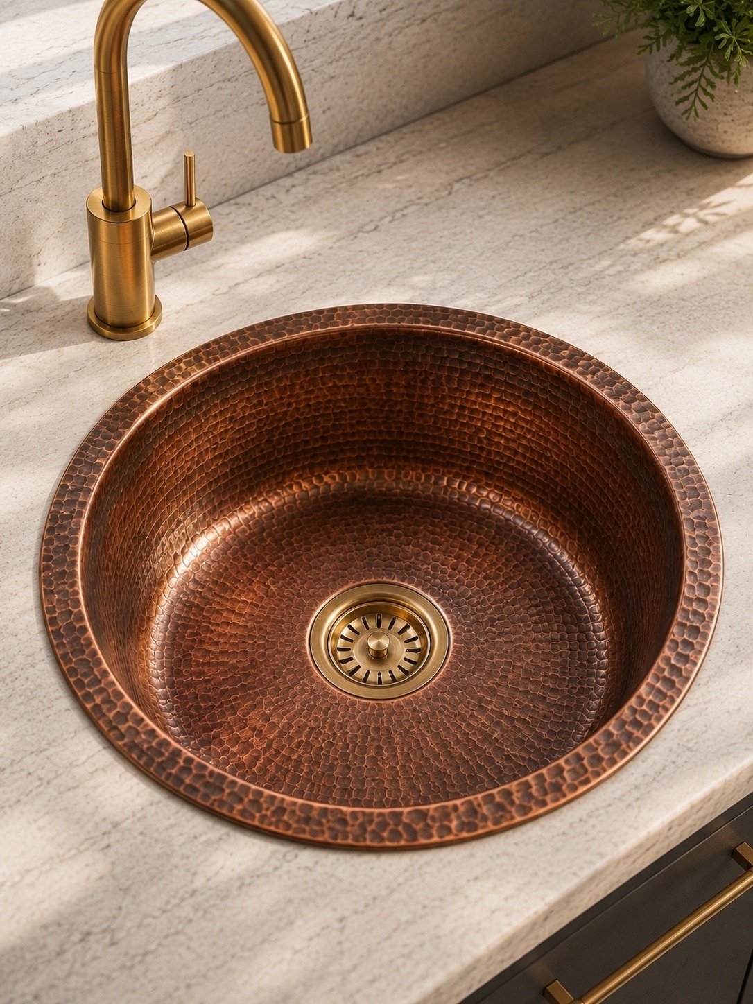 Hammered Brass Bar Sink | Round Drop-In Prep Basin, Aged Tone - Image 8