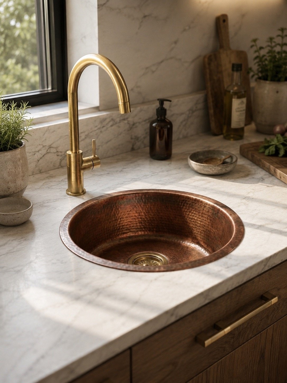 Hammered Brass Bar Sink | Round Drop-In Prep Basin, Aged Tone