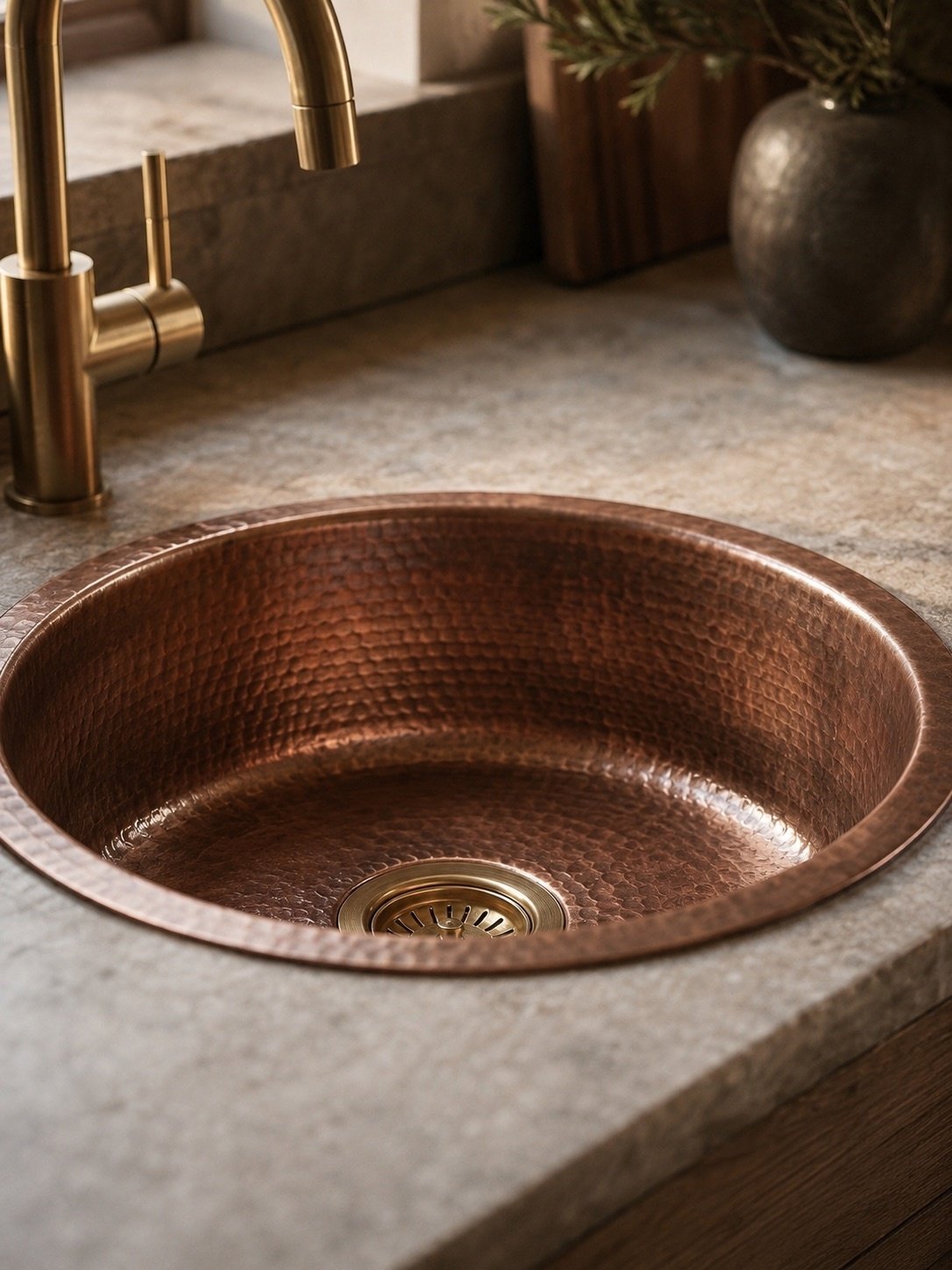 Hammered Brass Bar Sink | Round Drop-In Prep Basin, Aged Tone - Image 6