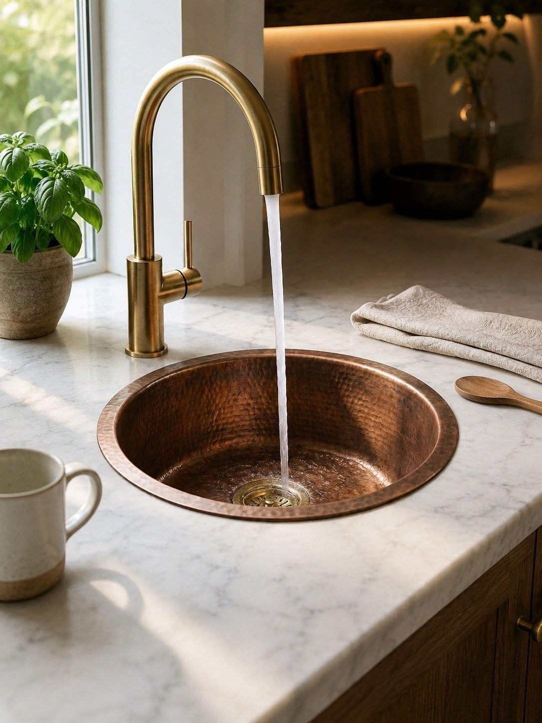 Hammered Brass Bar Sink | Round Drop-In Prep Basin, Aged Tone - Image 5