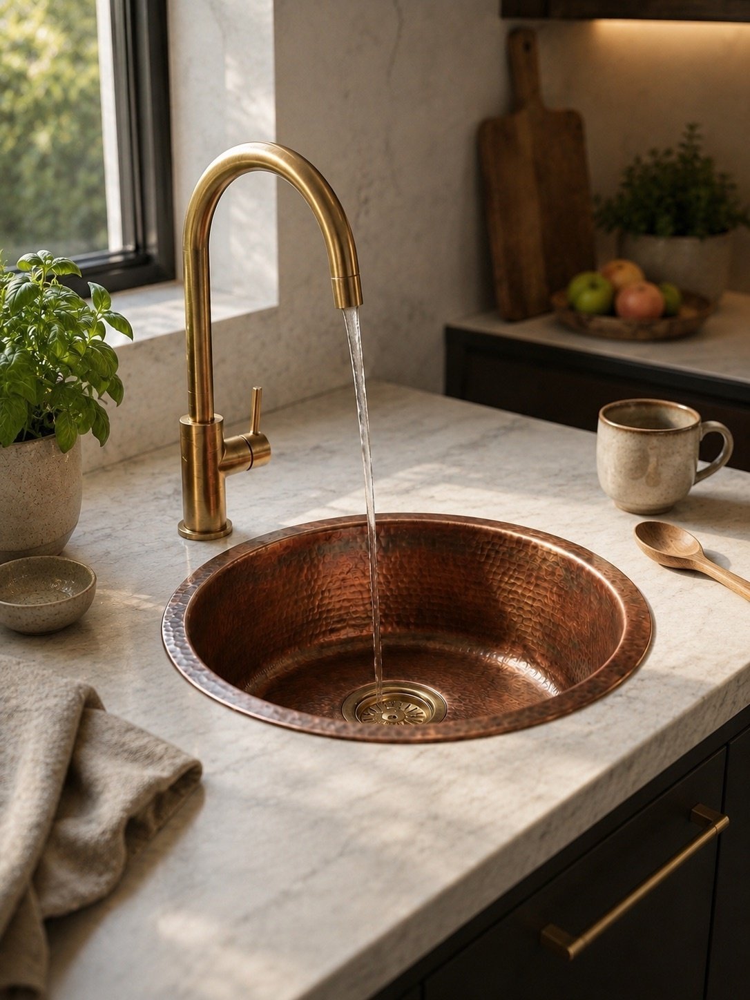 Hammered Brass Bar Sink | Round Drop-In Prep Basin, Aged Tone - Image 9