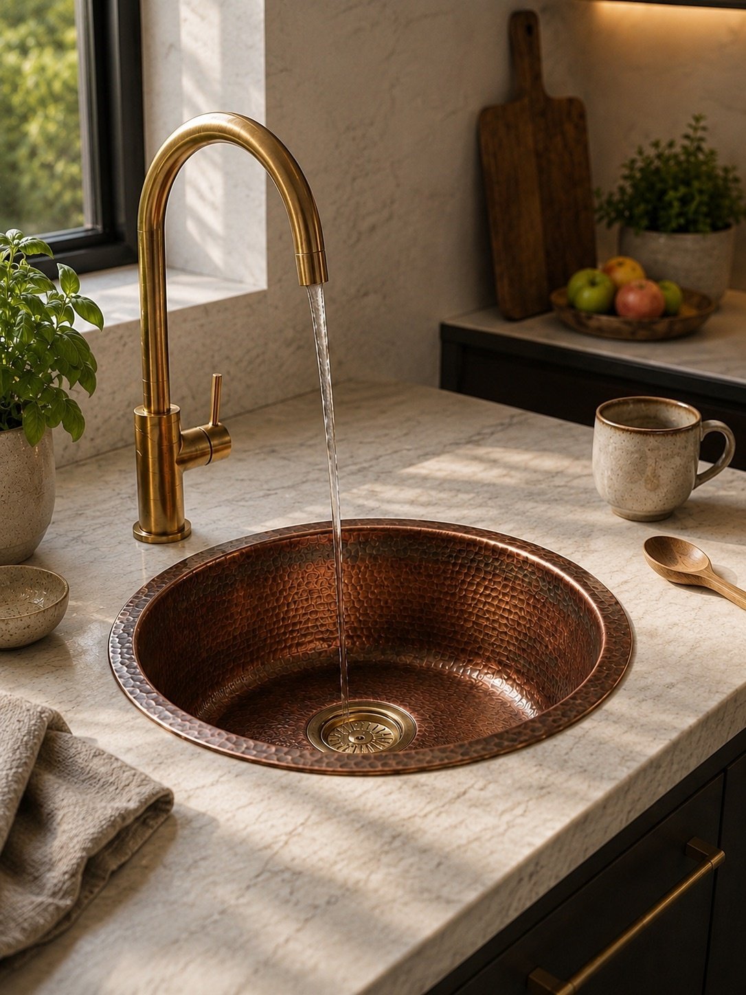 Hammered Brass Bar Sink | Round Drop-In Prep Basin, Aged Tone - Image 2