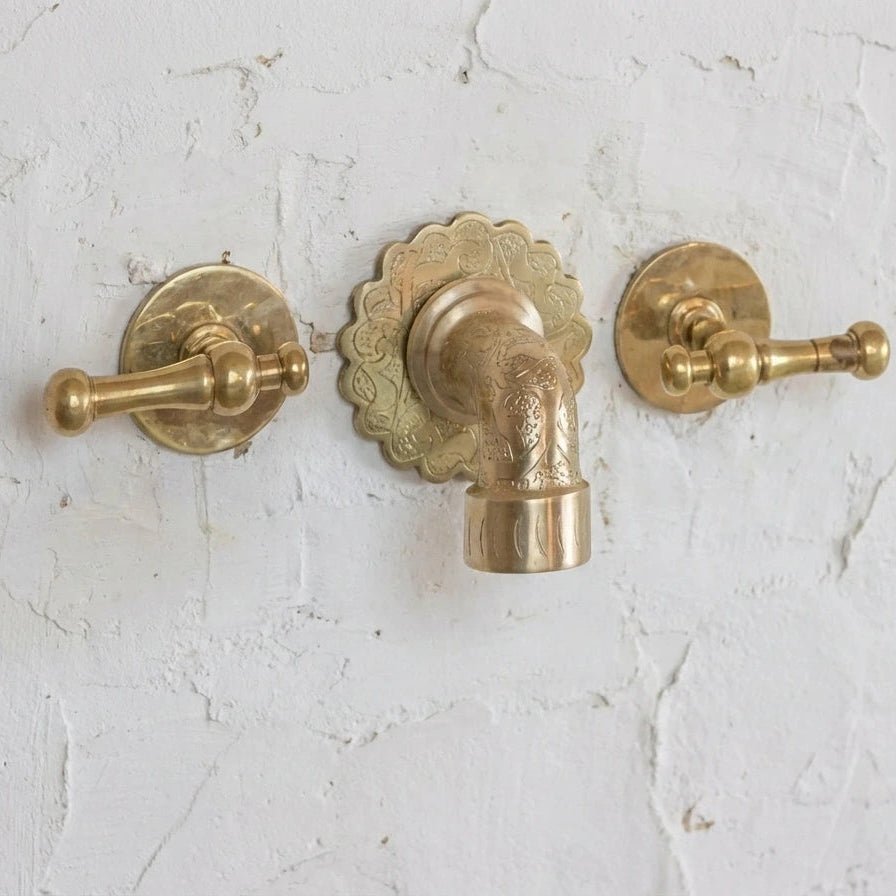 Engraved Brass Wall Faucet Vanity with Lever Handles - Sink Tap - Image 2