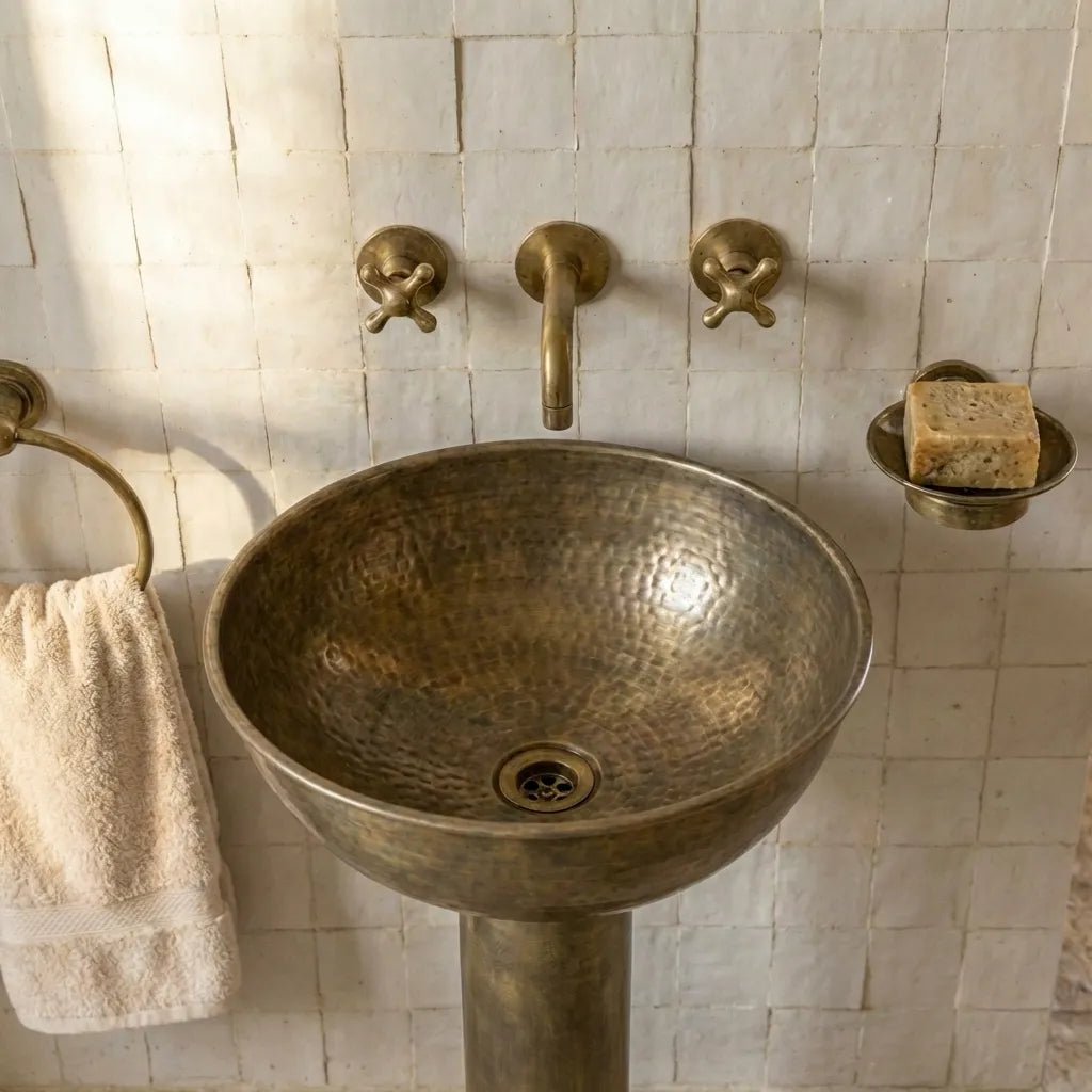 Vintage Hammered Patina Brass Pedestal Sink