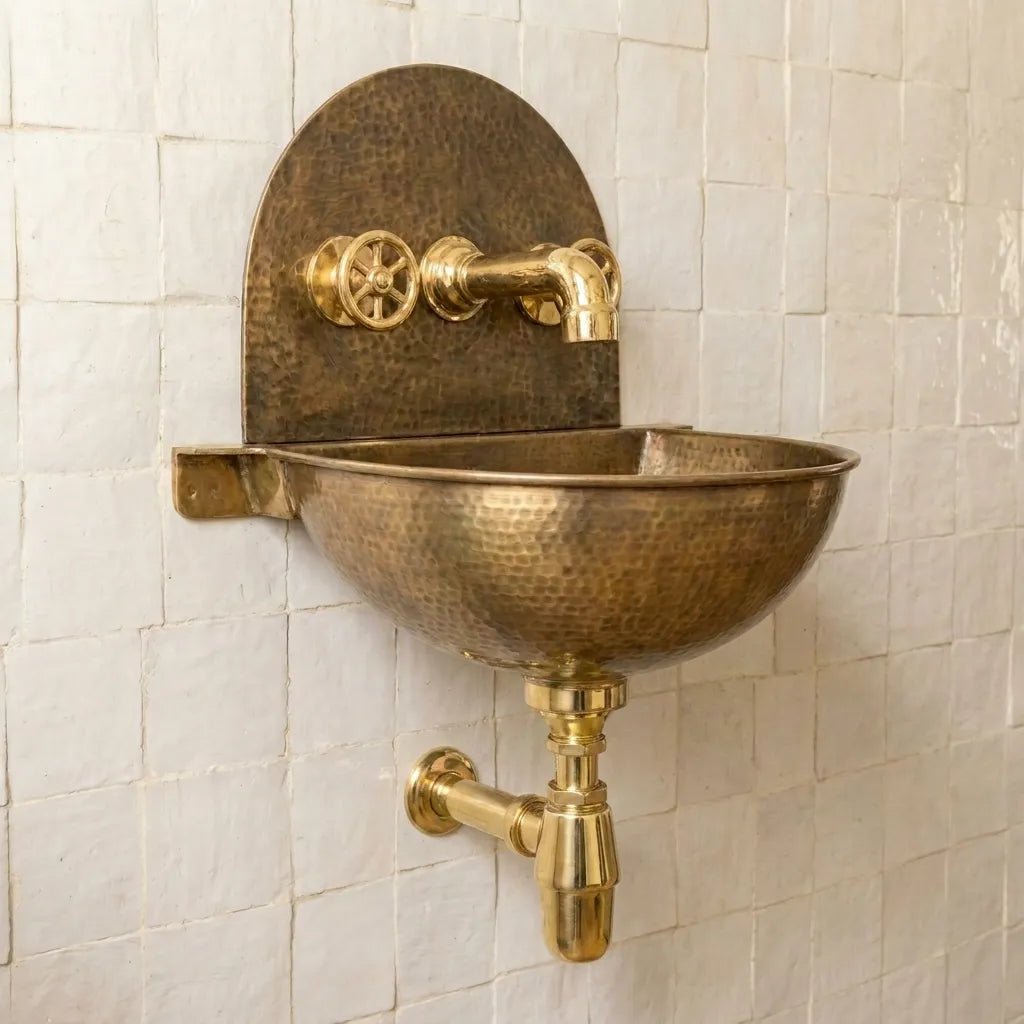 Rustic Brass Wall Hung Sink with Traditional Faucet Set - Image 4