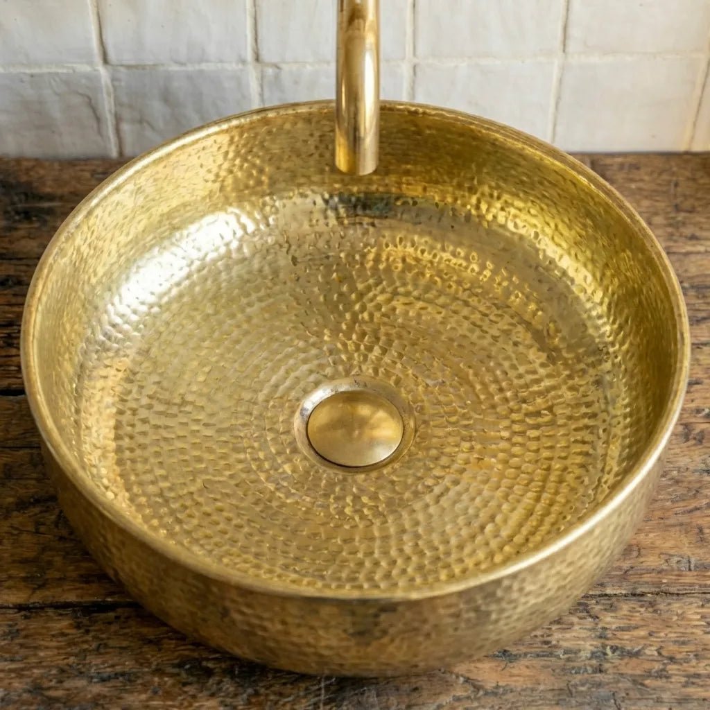 Hand-Hammered Unlacquered Brass Vessel Sink – Round Artisan Bathroom Basin