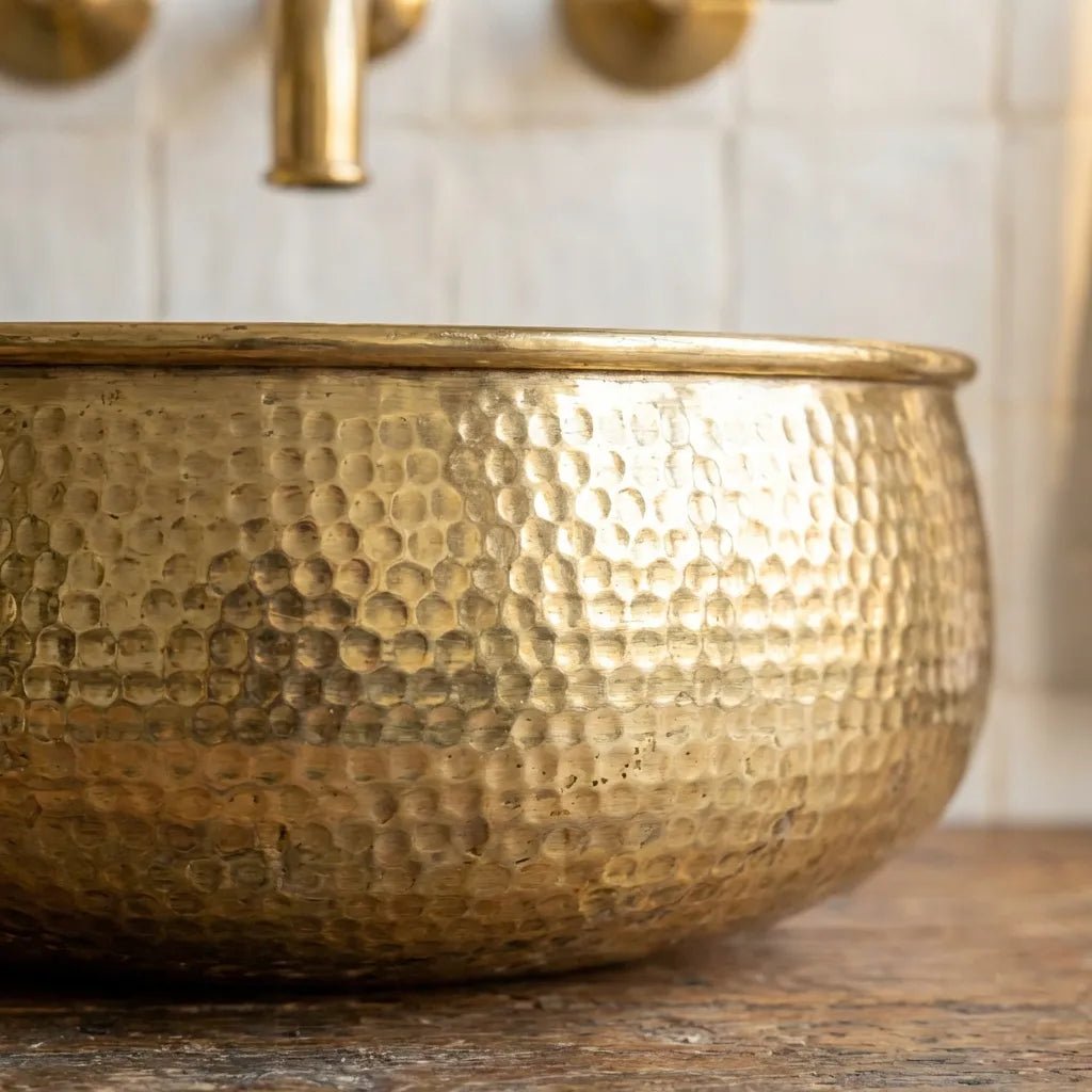 Hand-Hammered Unlacquered Brass Vessel Sink – Round Artisan Bathroom Basin - Image 2