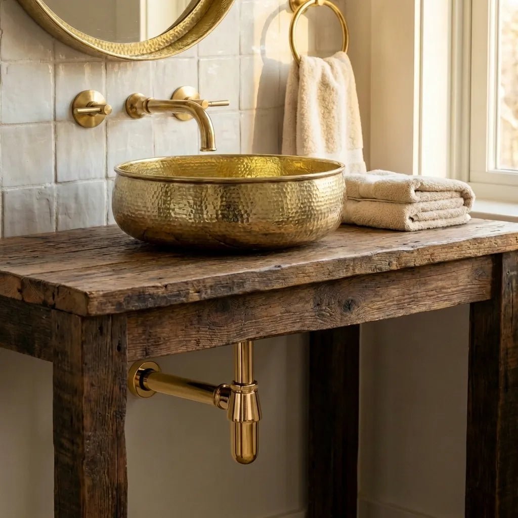 Hand-Hammered Unlacquered Brass Vessel Sink – Round Artisan Bathroom Basin - Image 6