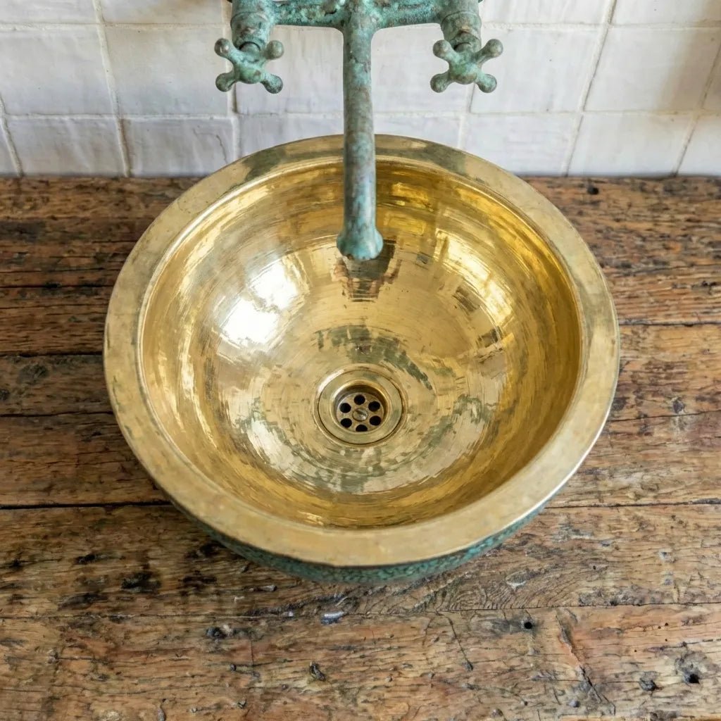 Round Hammered Verdigris Brass Washbasin with Wall-Mount Faucet - Image 2