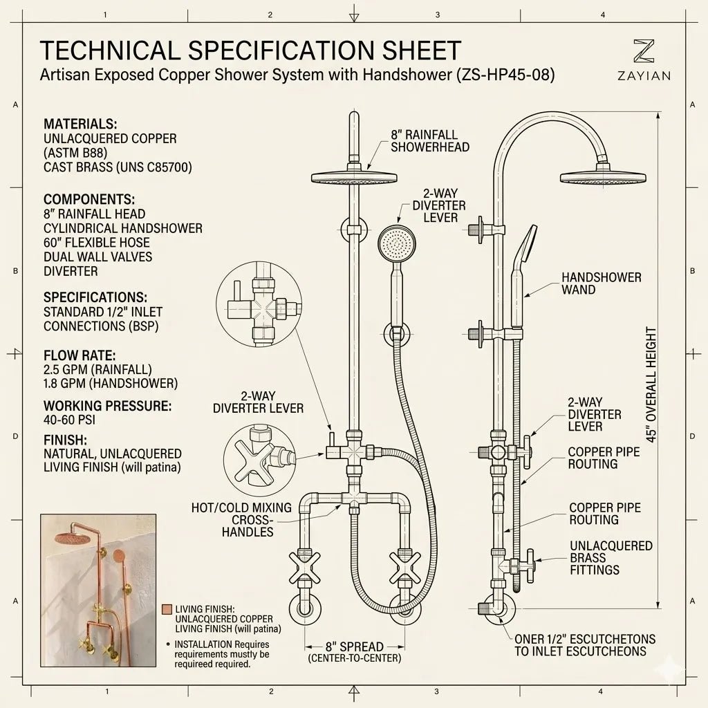 Outdoor Copper Shower System with Handheld Sprayer – Rustic Wall Mount Rain Shower Set - Image 5