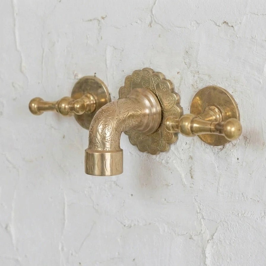 Engraved Brass Wall Faucet Vanity with Lever Handles - Sink Tap - Image 3