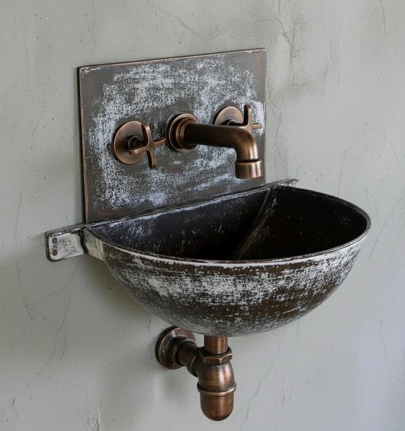 Aged Copper Wall Sink – White Patina Half Bowl Bathroom Basin with Faucet - Image 3