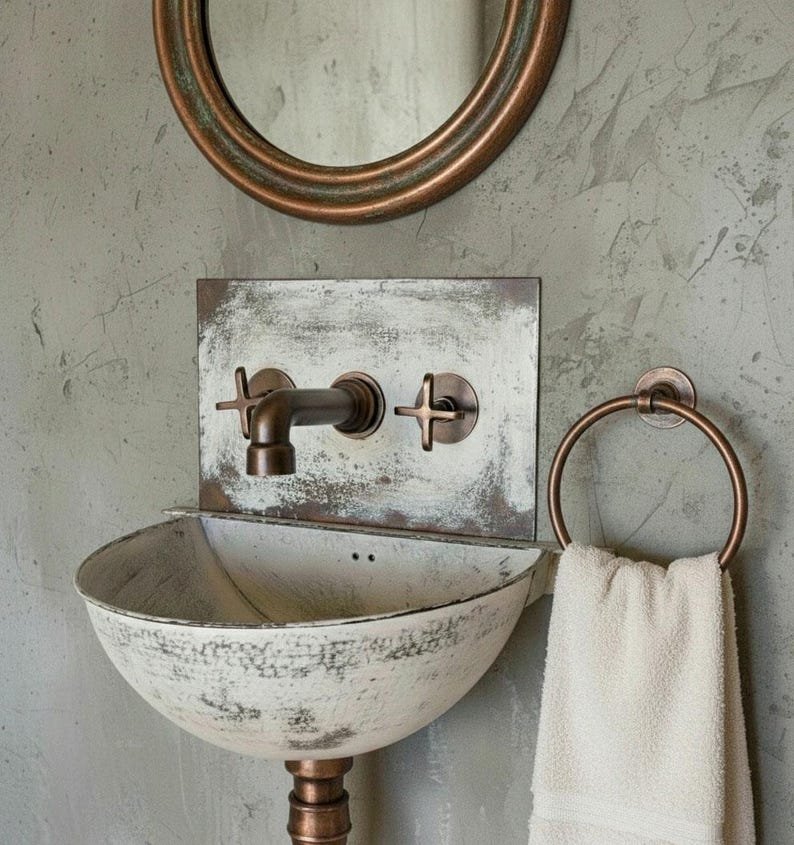 White Patina Copper Wall-Mounted Bathroom Sink - Image 3