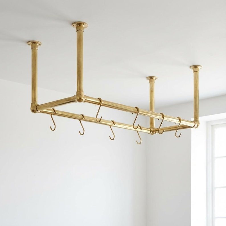 Solid Brass Ceiling Pot Rack – Handmade Hanging Kitchen Rail with Hooks