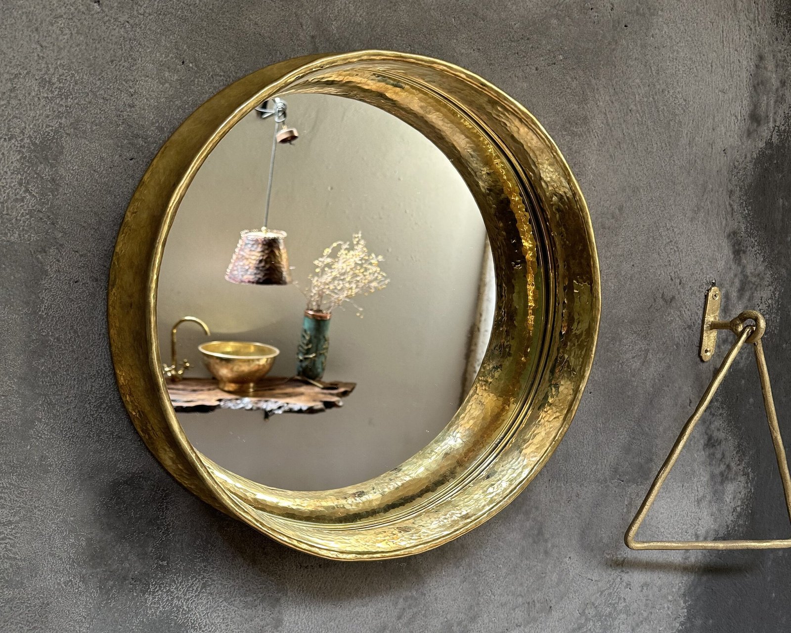 Round Brass Wall Mirror, Antique Brass Mirror Frame. Round Bathroom Mirror - Image 2