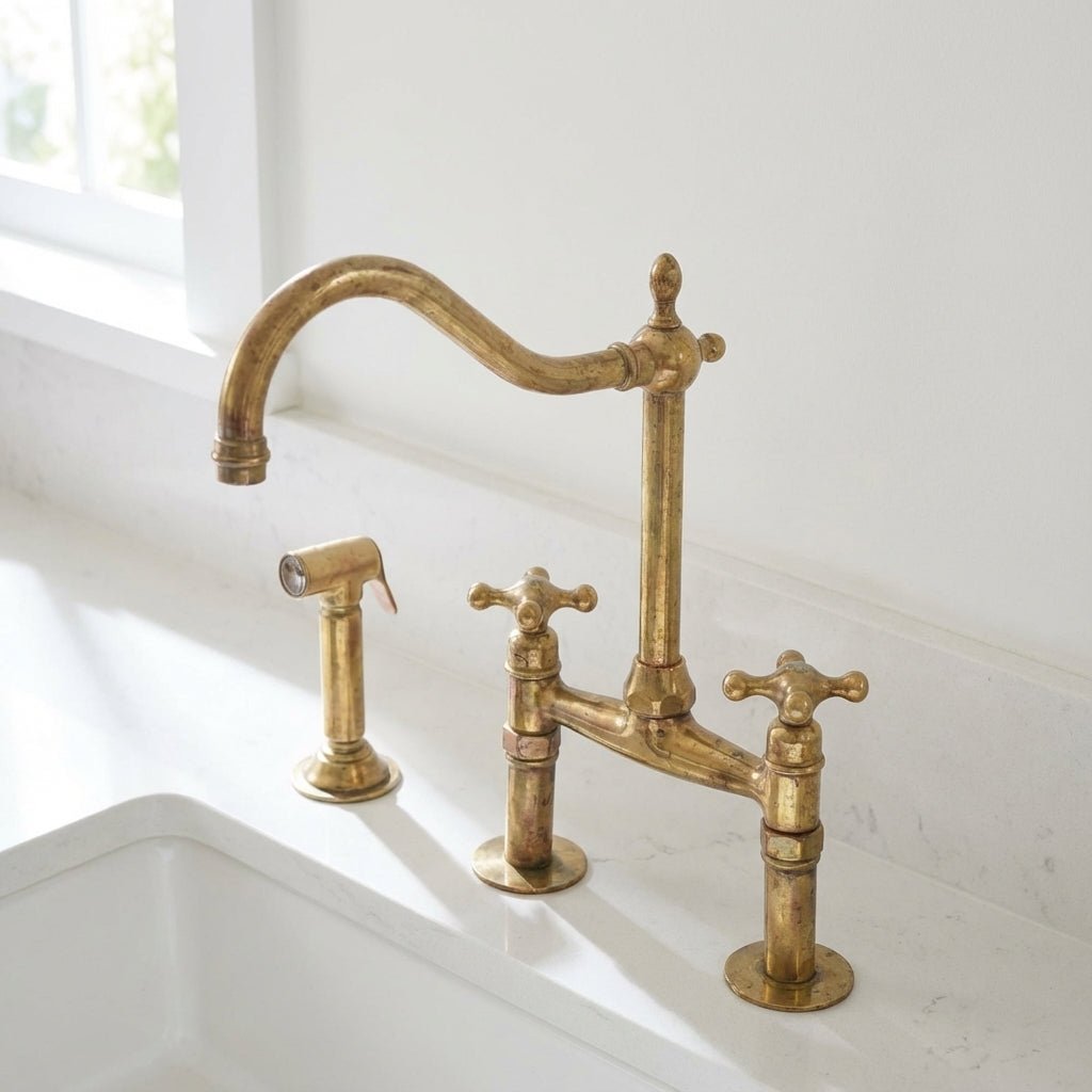 Traditional Unlacquered Brass Bridge Kitchen Faucet With Sprayer